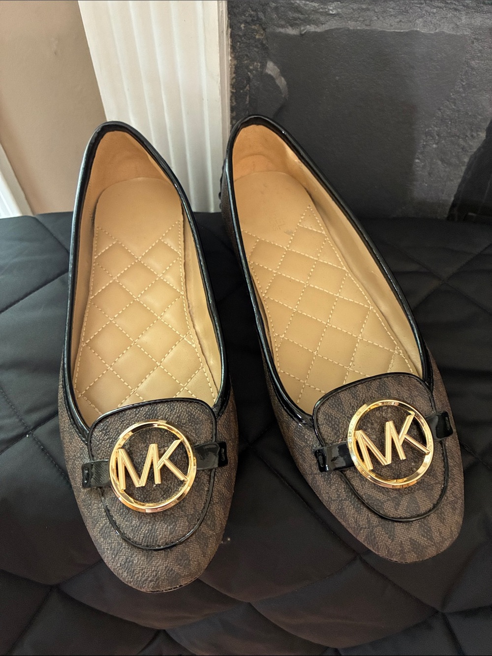 Michael Kors Brown Logo MK Gold-Emblem Loafers
